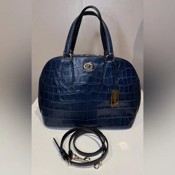 Coach Prince Street Satchel Navy Leather Crocodile-Embossed Handbag Crossbody - Picture 3 of 13